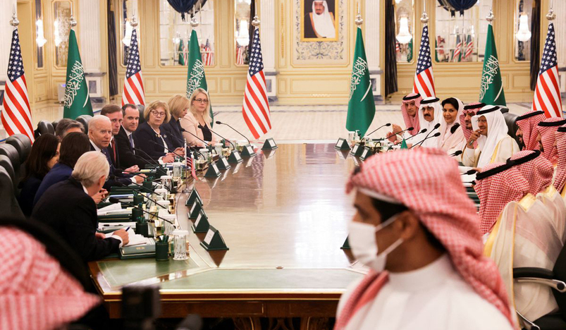 Joe Biden participates in a bilateral meeting with Saudi Crown Prince